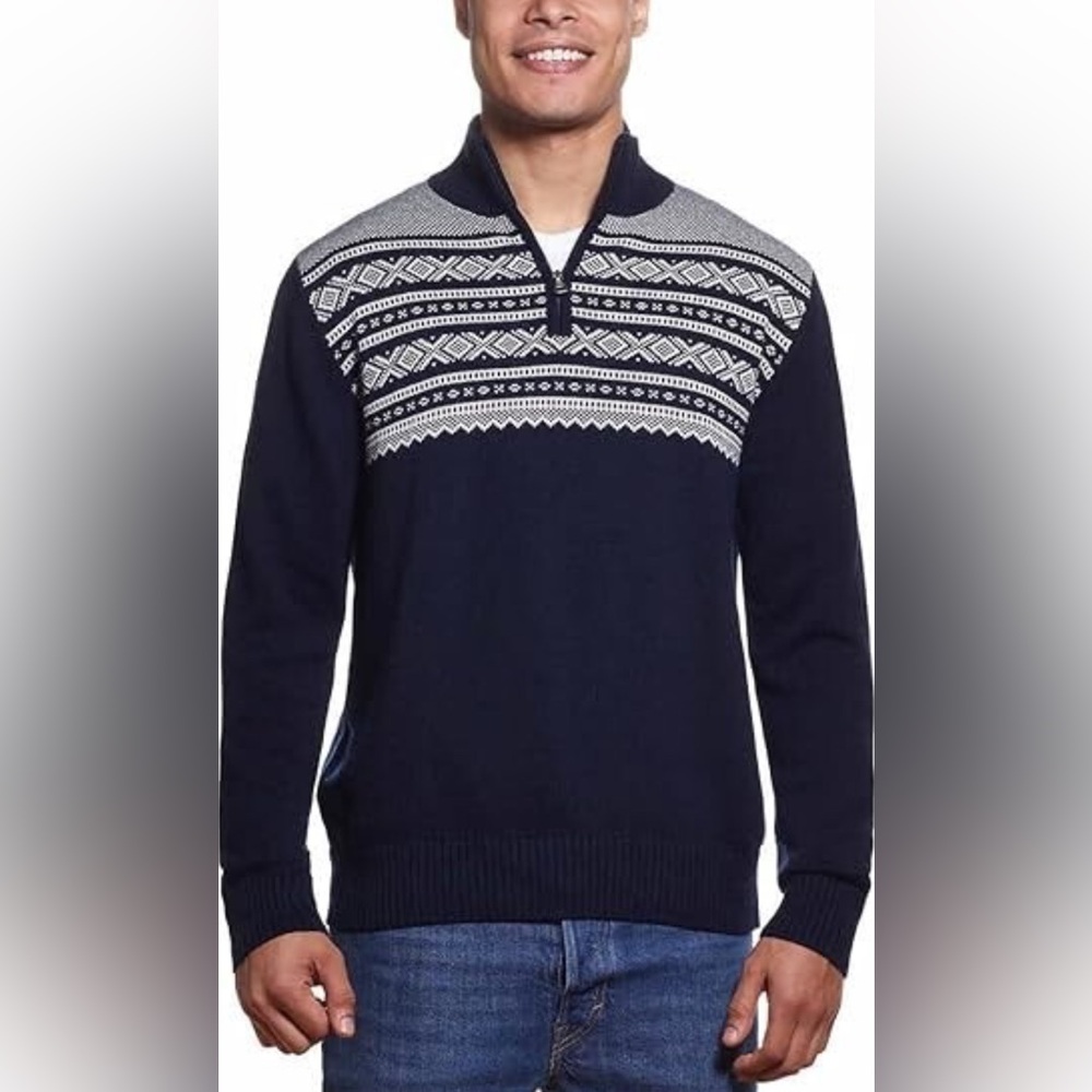 NWOT Weatherproof Fair Isle Navy 1/4 Quarter Zip Sweater Cotton - Size XL